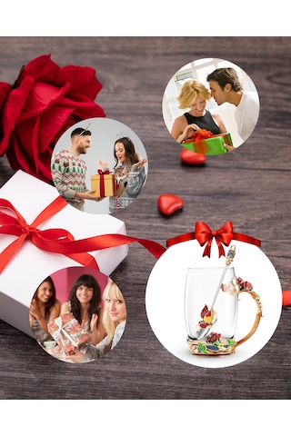 Çay Fincanı Kahve Kupa Seti Kaşık Ve Altlık İle - Güzel Cappuccino Latte Fincanları - Sıcak / Soğuk İçecekler İçin Şeffaf İzole Cam Kupalar - Anne Kadınlar İçin Şık Hediye Kırmızı Kelebek Ve Gül Çok Renkli