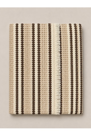 Tek Kişilik Pamuklu Pike 175x215 Cm Püsküllü Dokuma Yatak Örtüsü Çizgili Krem