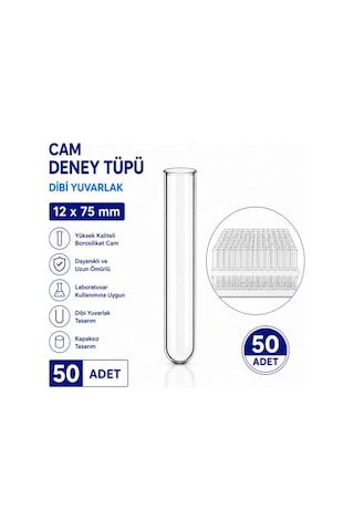 12x75 Mm Cam Deney Tüpü Dibi Yuvarlak 50 Adet Laboratuvar Test Tüpü