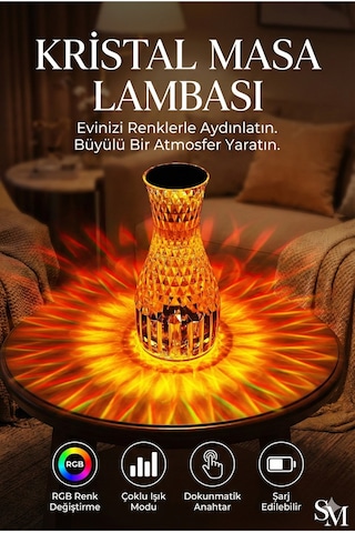 Kristal Masa Lambası Rgb Renk Değiştiren Gece Lambası 16 Renk Ve 4 Mod Dokunmatik Kontrol Diğer