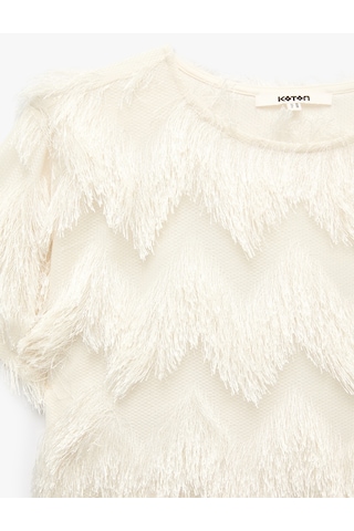 Koton Peluş Detaylı Bisiklet Yaka Kısa Kollu Crop Bluz Ekru 7wak10025uk