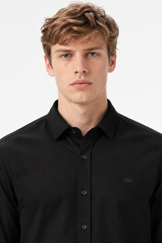 Lacoste Mens Slim Fit Black Cotton Shirt Dar Kesim Pamuklu Erkek Gömlek Siyah