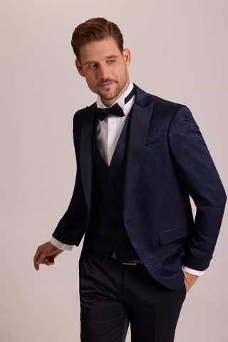Ysf Erkek Lacivert Slim Fit Kırlangıç Yaka Desenli Damatlık