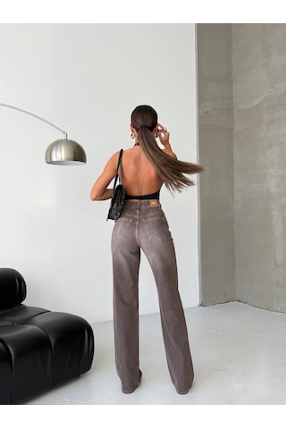 Herton Kadın Antrasit Yüksek Bel Wide Leg Jean Pantolon - %100 Pamuk Denim Açık Kahverengi