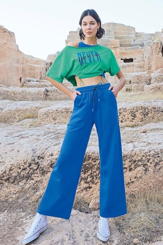 Monamise 23090 Kadın Kısa Kollu 3'lü Crop Eşofman Takım-mavi Mavi