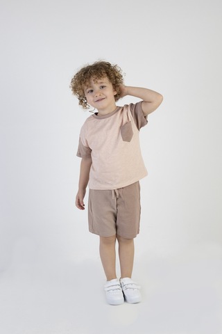 Erkek Çocuk Kahve Desen Kısa Kollu Şortlu Basic Alt Üst Takım 001