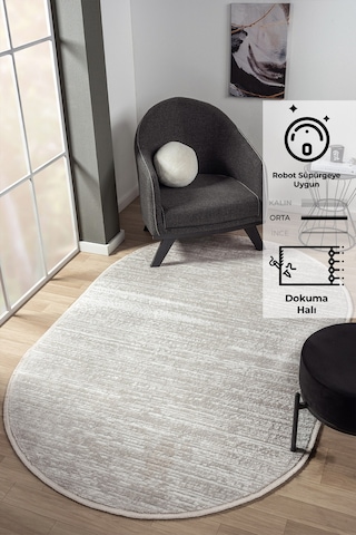 Konfor Halı Konfor Jasmine 1452 Oval Krem Bej Modern Dokuma Saçaklı Halı Mutfak Salon Oturma Odası Halısı