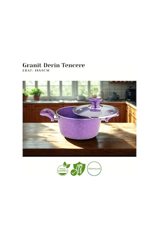 18 Cm Granit Derin Tencere Cam Kapak - Violet Violet