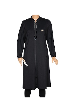 Hesna Kadın Zeren Büyük Beden Baharlık Fermuarlı Siyah Kap Ceket Siyah