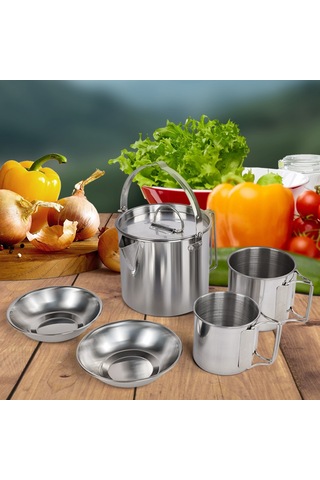 Neevoyu Kamp Çelik Su Isıtıcısı Seti - 5 Parça, Hızlı Isınma, Katlanabilir Sap, Hafif Ve Taşınabilir Gümüş