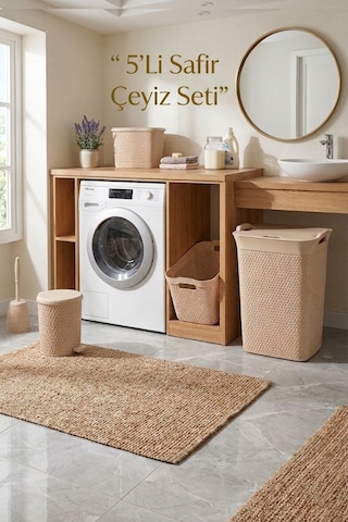 5'li Safir Çamaşır Sepeti Seti Örgü Desenli Kahverengi