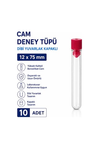 12x75 Mm Cam Deney Tüpü Dibi Yuvarlak Kapaklı 10 Adet Laboratuvar Test Tüpü