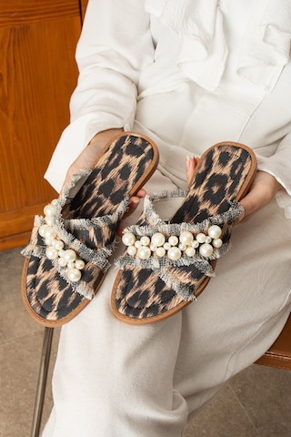 Dabab Shoes Mırella Kadın İncili Hasır Dokulu Animal Desenli Leopar Düz Şık Terlik