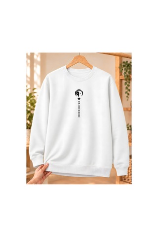 Mor Mürekkep Bozkurt Ay Yıldız Ve Dikey Semboller Baskılı Bisiklet Yaka Sweatshirt - Beyaz