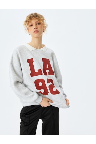 Koton Oversize Kolej Baskılı Polo Yaka Sweatshirt Kar Melanj 5sal10518ık Gri Melanj