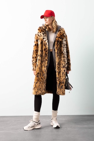 DeFacto Relax Fit Leopar Desenli Ceket Yaka Cepli Uzun Suni Kürk Kaban D4005AX24WNBN561 Kahve