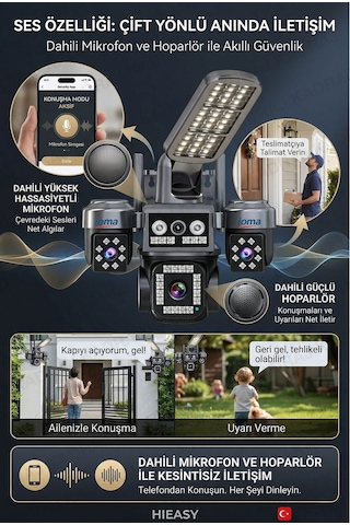 4 Kameralı Sim Kartlı Kamera, 2 Solar Panelli, Ptz Aydınlatmalı, 2 Yönlü Konuşma, Çakar