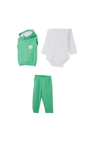 Erkek Bebek Üçlü Ayıcık Detaylı Yelekli Takım-15294 Yesil