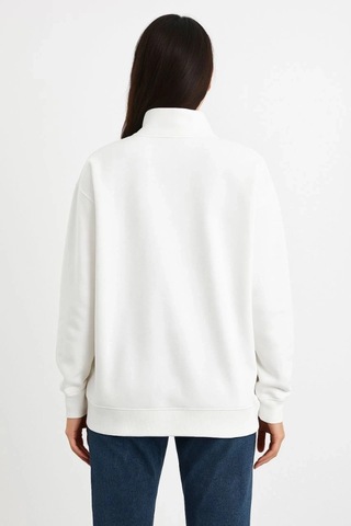 Valensdesign Üç İplik Dık Yaka Yarım Fermuarlı Sweatshirt - Beyaz