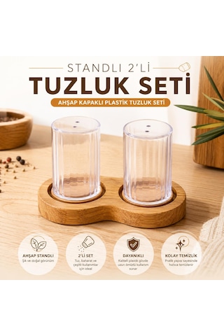 Ahşap Standlı 2'li Tuzluk Seti - Ahşap Kapaklı Şeffaf Plastik Baharatlık