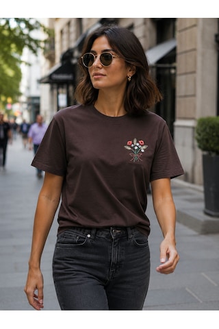 Yubistitch Tshirt Nakış İşlemeli Demet Çiçek- Penye-kahverengi