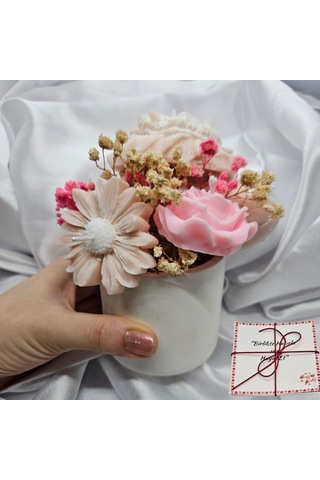 El Yapımı Gül Ve Papatya Mum Alçı Saksı Hediyeli