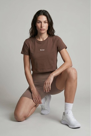 Woneagle Waneagle Kadın Kahverengi Bisiklet Yaka Logolu Sportif Crop Tişört Kahverengi Kahverengi