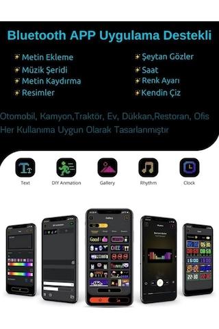 Wearfitpro 19x133cm Matrix Esnek Led Ekran Şeytan Gözler Yazı Telefon Kontrollü Araba Kamyon Dükkan Tabela