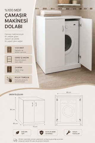 Renazzo Mdf Çamaşır Makinesi Dolabı Beyaz 90x70x69 Cm