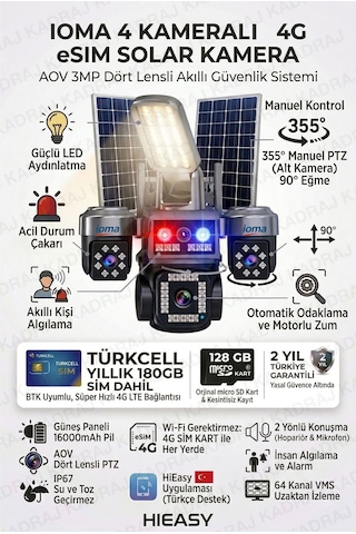 4 Kameralı Sim Kartlı Kamera, 2 Solar Panelli, Ptz Aydınlatmalı, 2 Yönlü Konuşma, Çakar