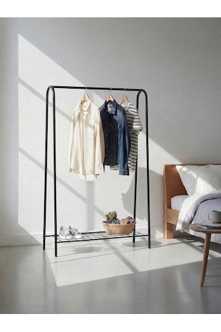 Telli Siyah Butik Elbise Askısı Ayaklı Askılık Konfeksiyon Askılık Siyah