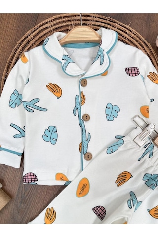 Kruvaze Yaka %100 Pamuk Önden Düğmeli Mevsimlik Ünisex Bebek Ve Çocuk Pijama Takımı 4bb2 Beyaz