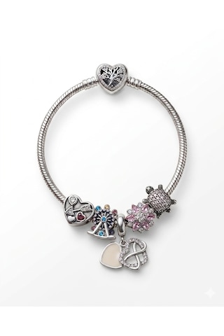 Kadın Oklu Kalp, Lunapark, Sallantılı Sonsuzluk Kalp, Pembe Taşlı Çiçek, Kaplumbağa Charmlı Çelik Kalp Kilit Bileklik 19 Cm Silver
