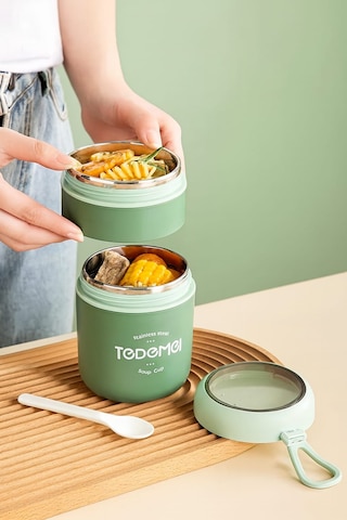 Dekorasyaa 2 Katlı Lunch Box - Yeşil - Paslanmaz Çelik - Kaşıklı - Yemek Taşıma Kabı - 710ml Yeşil