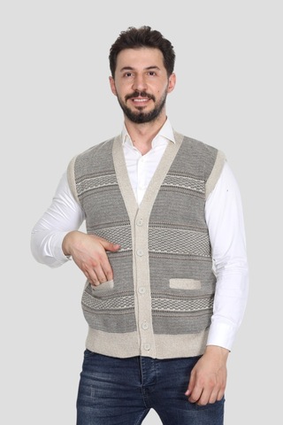 Kzc Tekstil Erkek Baba Orta Yaş Ve Üzeri Triko Örgü Akrilik Kışlık Kalın Dokulu Düğmeli Cepli Baba Yelek Bej