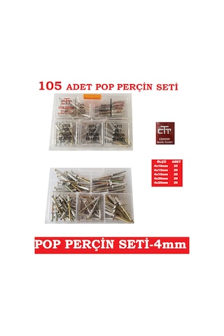 Perçin Seti-Çap 4 MM-Boy Çeşitli Pop Perçin 105 Parça