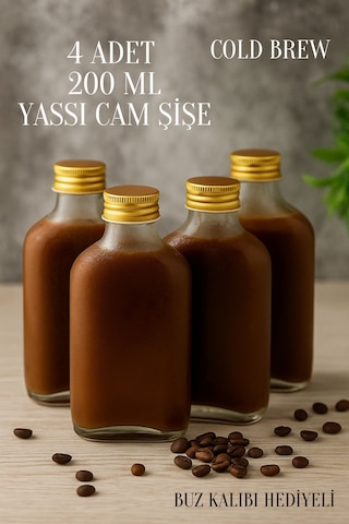 Rotanev 4 Adet Şeffaf Cold Brew Metal Gold Kapaklı Soğuk Kahve Yassı Cam Şişe 200 ml ve Çubuk Buz Kalıbı