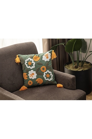 Swita Home Tekli Dekoratif Punch İşlemeli Çiçek Desen Kırlent Kılıfı Koyu Yeşil