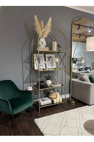 Noble Metal Kitaplık Dekoratif Kemerli 4 Raflı Salon Ve Ofis Rafı 70x180 Cm Altın