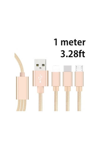 Hombey 3 Cihazı Aynı Anda Şarj Edebilen 1 Metre Uzunlukta 2a Type-c/lightning/micro Usb Altın Nylon Kablosu Kutu Paketli