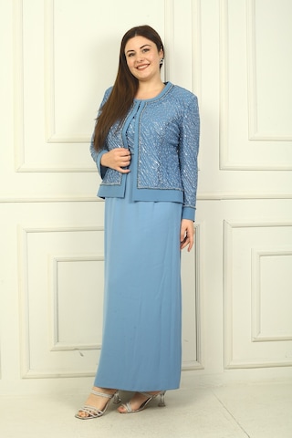 Kadın Boncuk Pul İşlemeli Tül Ceket Yarım Ay Kollu Uzun Elbise Astarlı Büyük Beden 2'li Takım İndigo