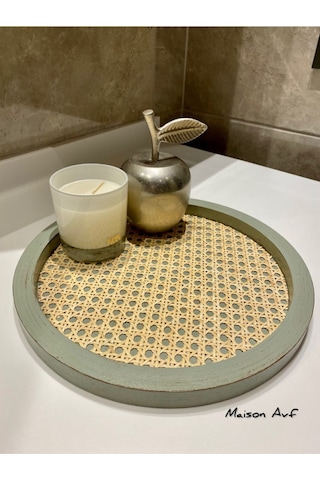 Rattan Hazeran Yuvarlak Tepsi Ihlamur Yeşili Eskitme Model %100 Doğal Hazeran M044
