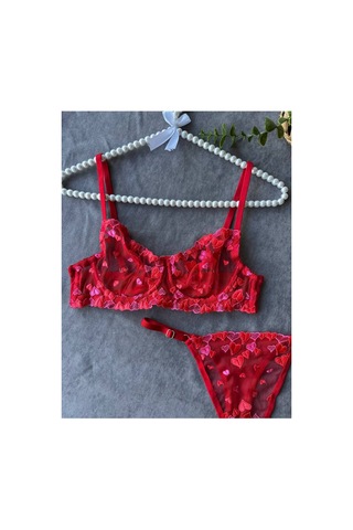 La Linaa Love Kırmızı Kalp Desenli Tanga Külotlu Sütyen Takım Kırmızı - 711255464 Kırmızı