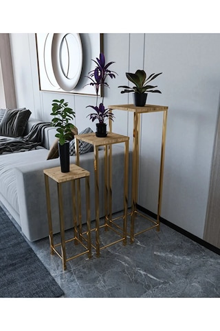 Dekoratif Saksılık 3lü Saksı Standı Gold Ayak Çok Amaçlı Metal Gold Ayaklı Yan Sehpa Saksılık Atlantik Çam
