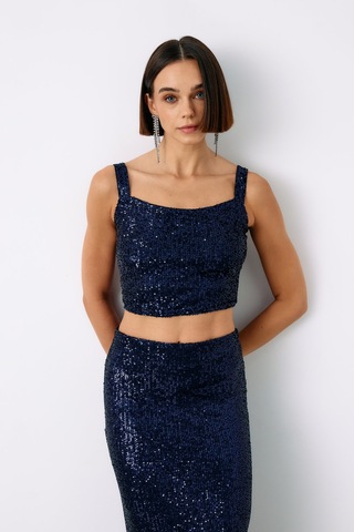 Sateen Payetli Crop Bluz - Lacivert