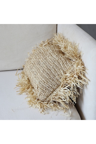 Çift Yön Örgü 30x50 Cm. Doğal Rafya Kırlent - Saçaklı Hali 50x70 Cm Bej