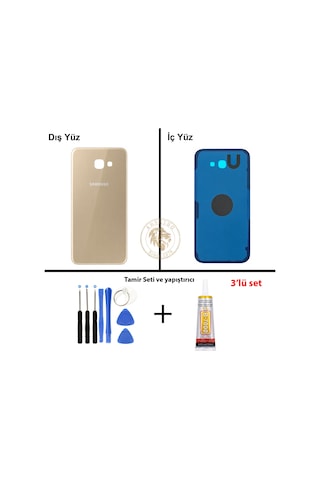Samsung Galaxy A7 2017 A720 Gold Renk Arka Kapak + Tamir Seti + B7000 Yapıştırıcı Arka Cam Batarya Kapağı Pil Kapağı Lazer Kesim Back Cover Galaxy A7 2017 Uyumlu
