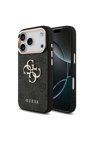 Apple iPhone Uyumlu 18 Pro Kılıf Guess Lisanslı Gold Çerçeve 4g Desenli Metal Büyük 4g Ve Yazı Logolu Kapak Siyah