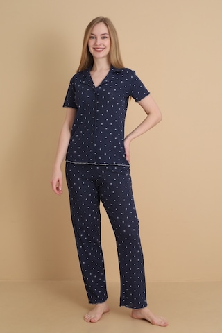 Wordex Mirano 1709 Çiçekli Pointel İnce Kumaş Düğmeli Kısa Kollu Kadın Pijama Takımı Lacivert