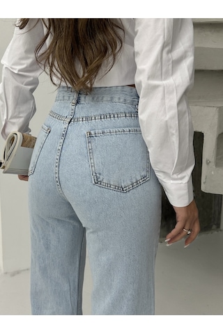 Blue Marlın Kadin Açik Mavi Ters Paça Püskül Işlemli Bol Paça Kot Jeans Mavi